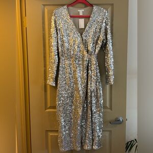 H&M Silver Sequin Wrap Cocktail Dress